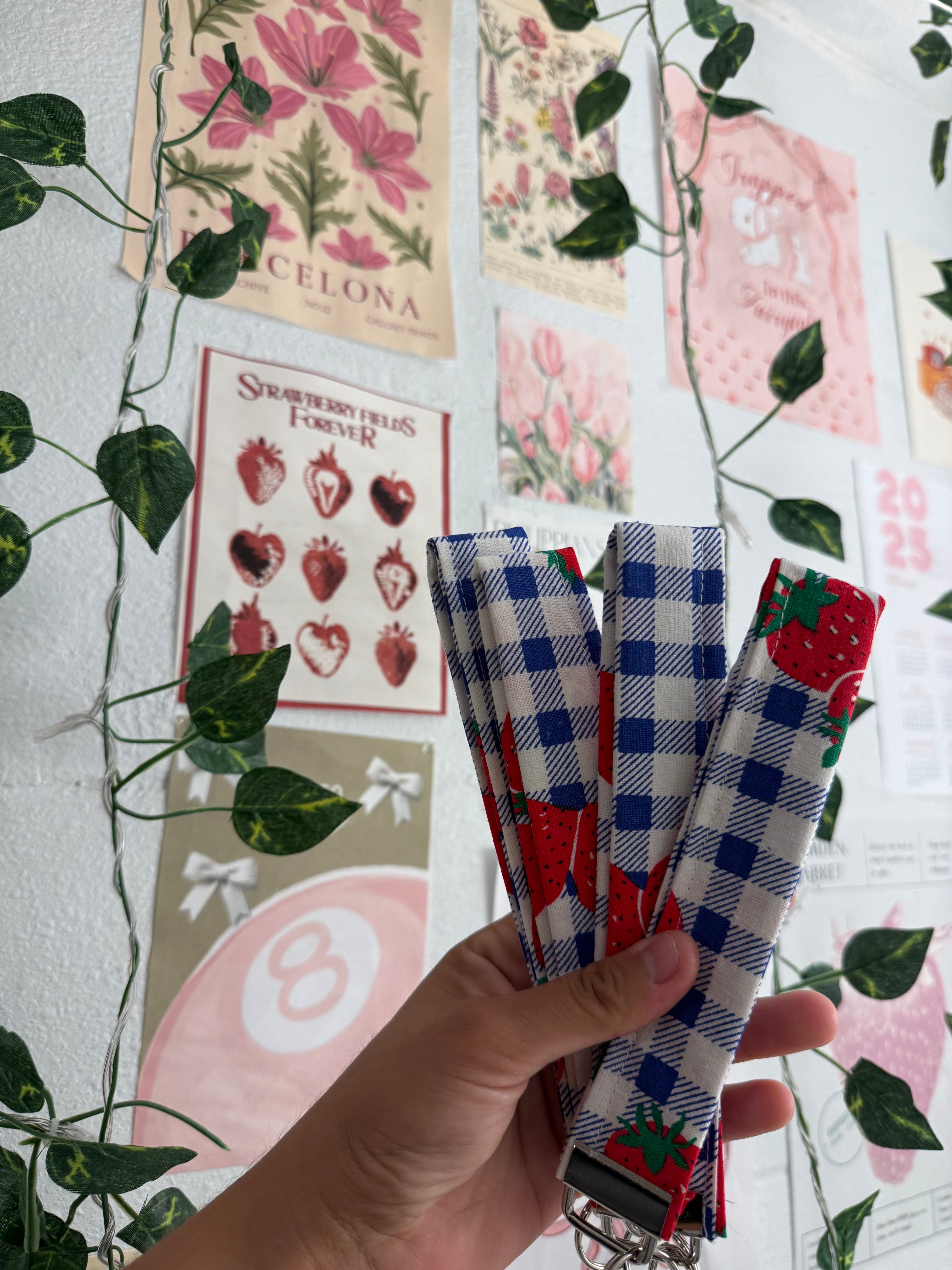 Blue gingham strawberry wristlet
