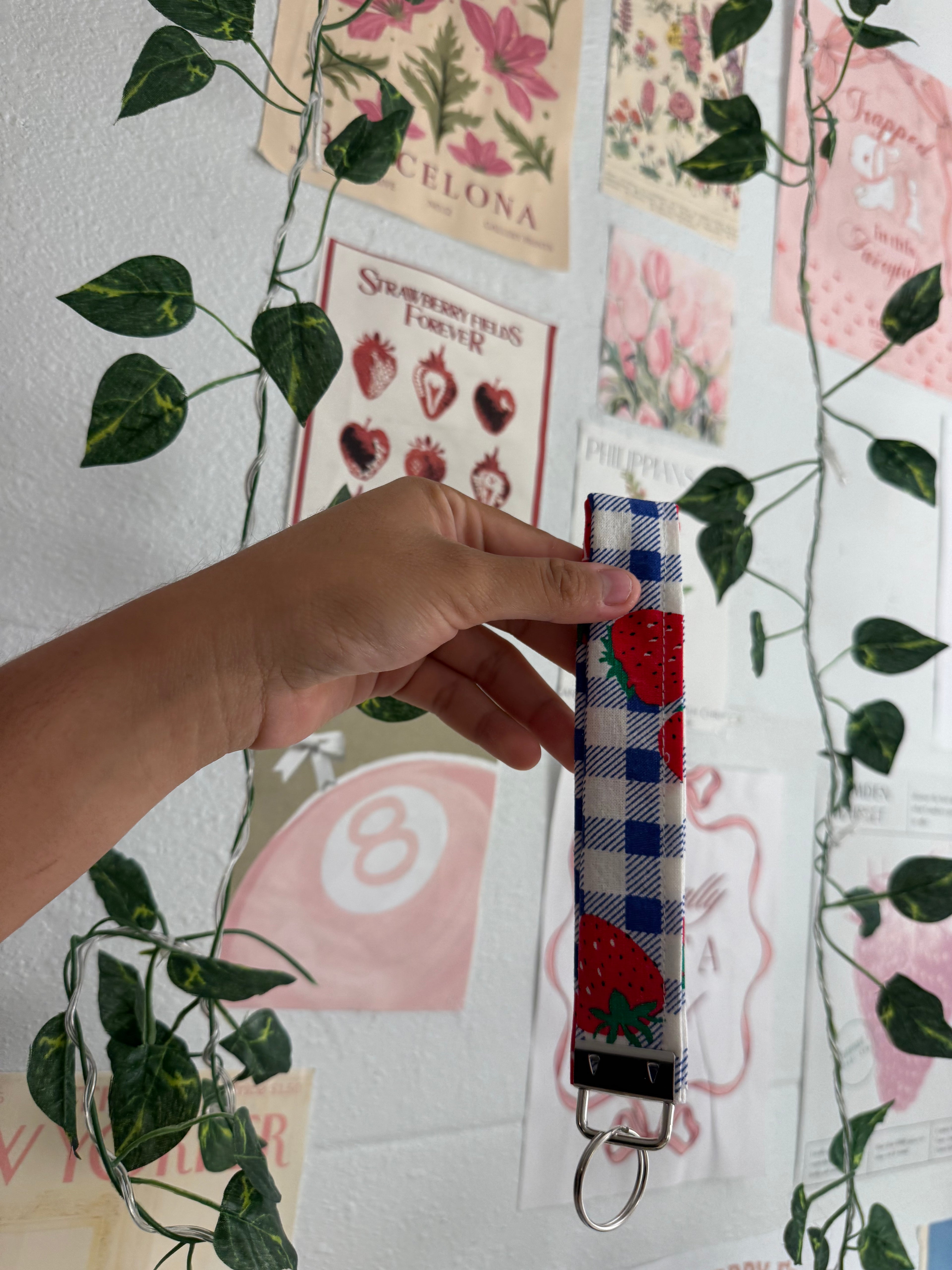 Blue gingham strawberry wristlet